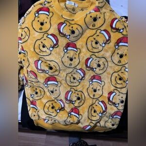 Yellow Fleece Sweater with Bear and Santa Hat Print Winnie the POOH size medium